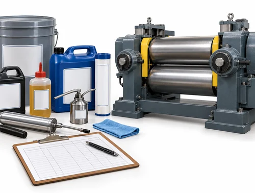 Illustration of lubricant containers and a handover log beside a rubber mill
