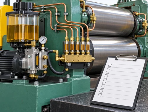 Illustration of lubrication distribution lines beside a rubber mixing mill