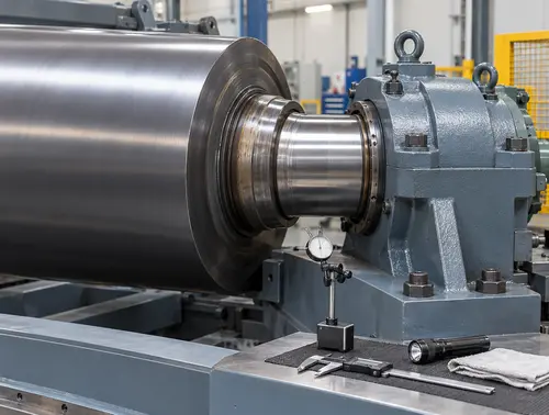 Illustration of bearing housing inspection beside a rubber mixing mill roll