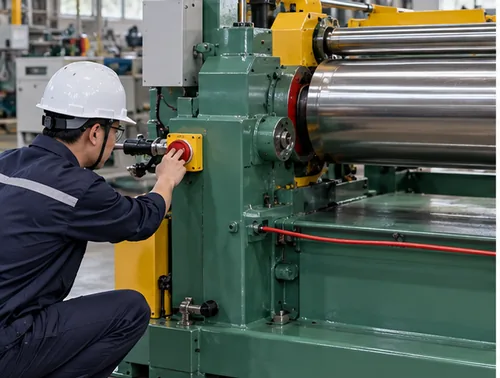 Technician inspecting emergency braking controls on a rubber mixing mill