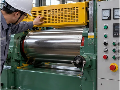 Buyer reviewing roll nip guards and controls on a rubber mixing mill