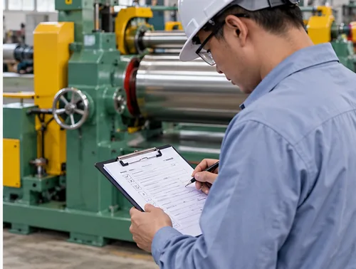 Buyer checking a safety test list beside a rubber mixing mill