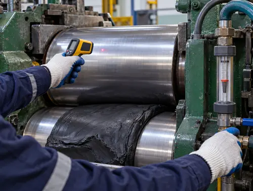 Technician checking roll temperature and cooling flow on a rubber mixing mill