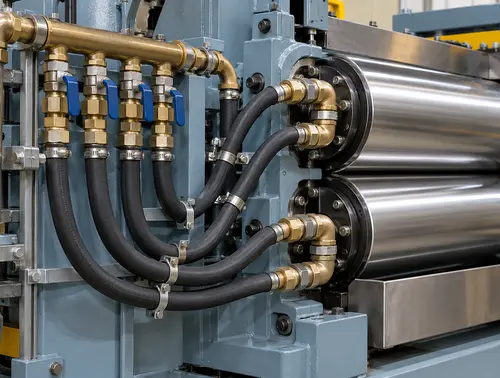 Cooling-water manifold, hoses and roll connections on a rubber mixing mill