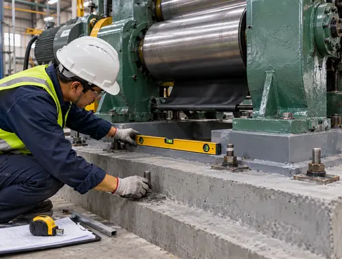 Illustration of technicians checking a rubber mixing mill foundation and alignment