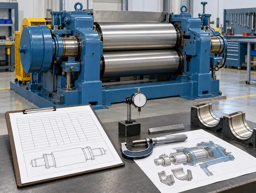 Illustration of journal condition records and measurement tools for a rubber mixing mill