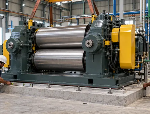 Illustration of a two-roll rubber mixing mill being aligned on a factory foundation