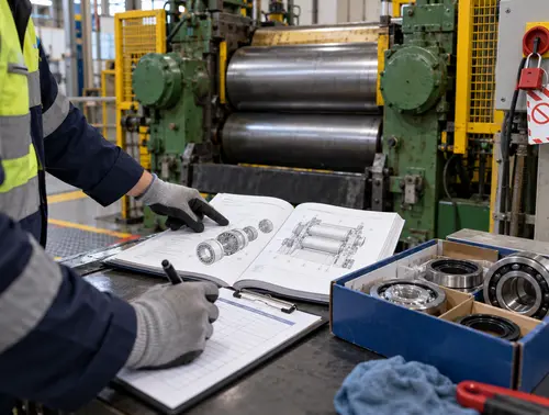 Engineer checking a spare-parts register and maintenance manual beside a mixing mill