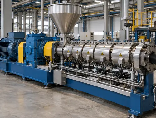 Reconditioned rubber extruder with barrel, gearbox and temperature zones