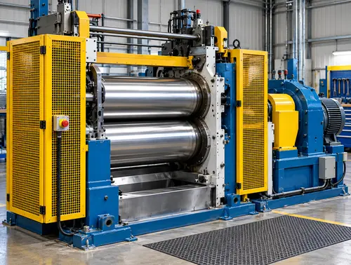 Illustrative reconditioned two-roll rubber mixing mill prepared for safeguard inspection