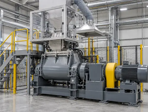 Rubber dispersion kneader with enclosed feeding and dust extraction