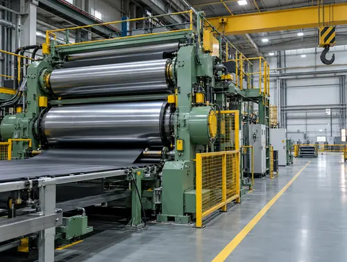 Rubber calendar machine with maintenance aisle and overhead lifting clearance