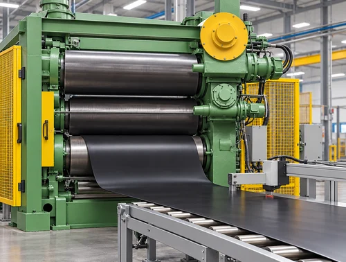Illustrative green rubber calender with black sheet and downstream inspection span