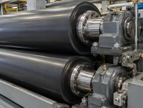 Close view of rubber calendar roll journals and bearing access points