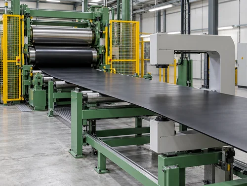 Illustrative noncontact thickness measurement frame at a rubber calender sheet line