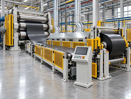 Illustrative rubber calender downstream take-off cooling and winding scope
