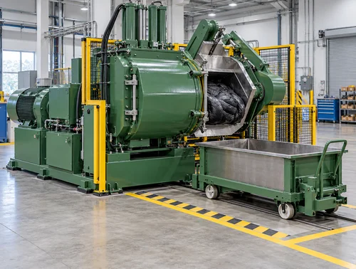 Illustrative rubber dispersion kneader discharge zone and receiving trolley