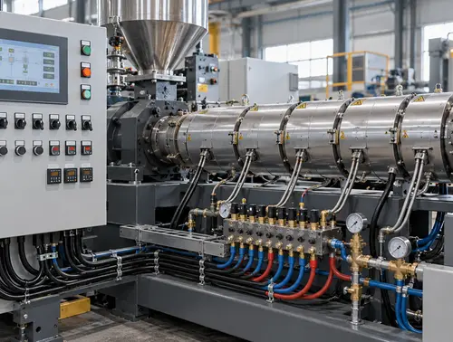 Rubber extruder control panel, barrel zones and utility manifold