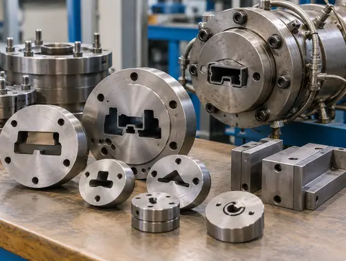 Clean rubber extrusion dies and holders arranged beside an extruder head