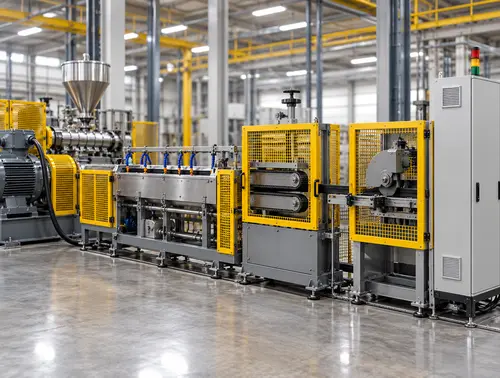 Illustrative rubber extruder downstream cooling haul-off and cutting scope