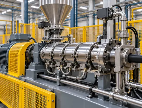 Illustrative rubber extruder feed barrel and die head interface