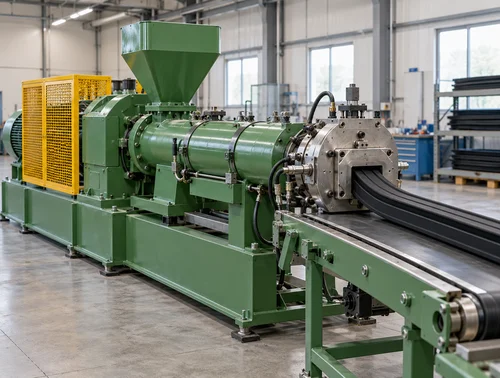Illustrative rubber extruder and profile take-off conveyor for a startup trial