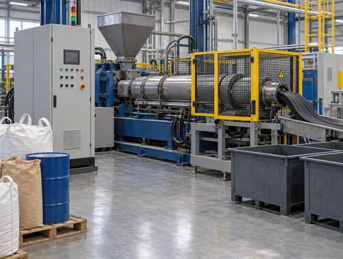 Illustrative rubber extruder control cabinet and separated material containers