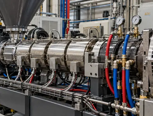 Rubber extruder barrel temperature control zones with hoses and gauges