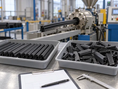 Illustrative accepted profile samples and irregular extrusion startup offcuts in separate trays