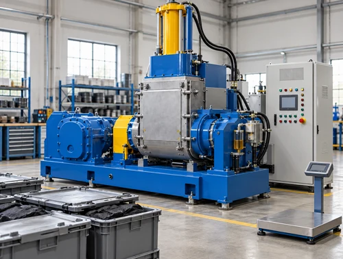 Illustrative rubber dispersion kneader beside closed material trays and a floor scale