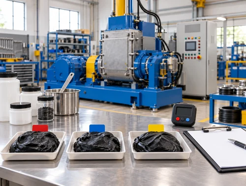 Illustration of three labelled rubber trial samples beside a timer and inspection clipboard