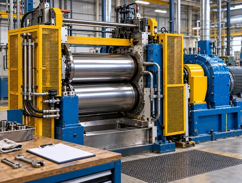 Illustrative powered-off rubber mixing mill prepared for buyer acceptance review