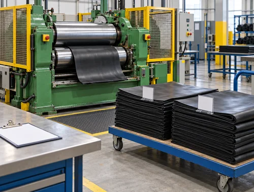 Illustrative mixing mill with rubber sheet stacks and batch identification cards