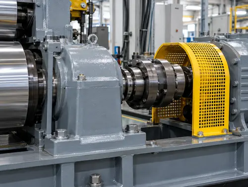 Close inspection view of rubber mixing mill bearing, coupling and guarded drive train