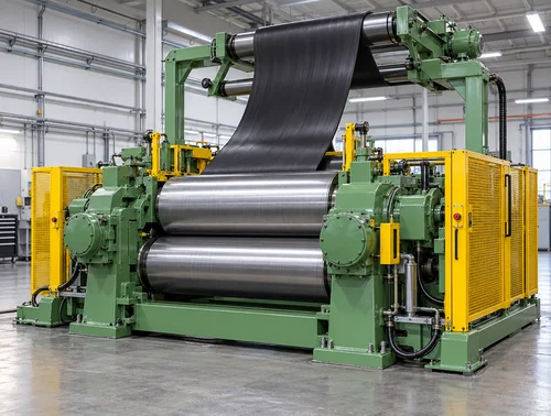 Illustrative rubber mixing mill with overhead stock blender return path