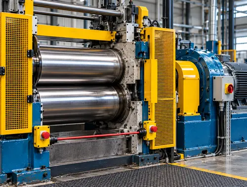 Illustrative two-roll rubber mixing mill guard and emergency-stop inspection points