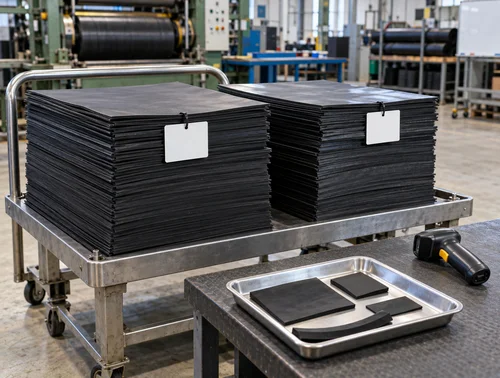 Illustrative rubber sheet stacks with separate batch cards and barcode scanner