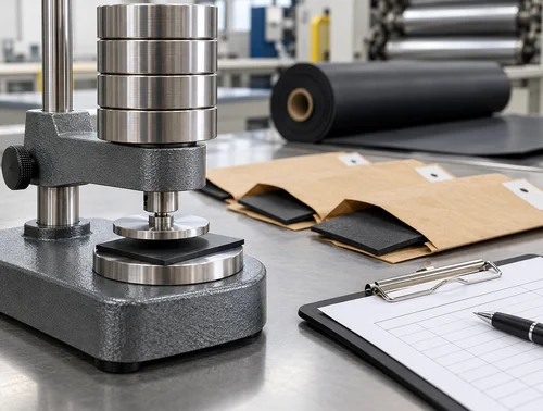 Illustrative deadweight contact gauge measuring a rubber sheet sample
