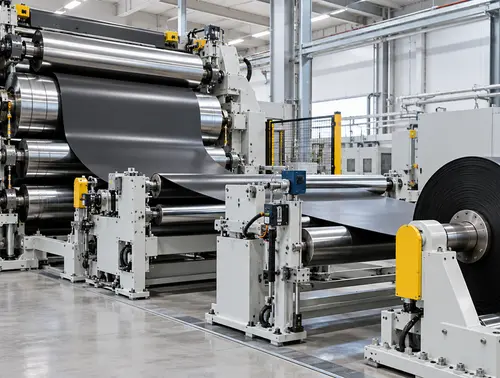 Rubber calendar machine with web guiding and downstream winding equipment
